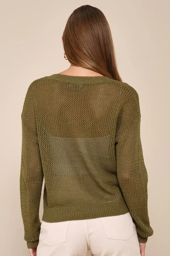 Idyllic Breeze Olive Green Loose Knit V-Neck Sweater Top sold by Lulus product image thumbnail 3