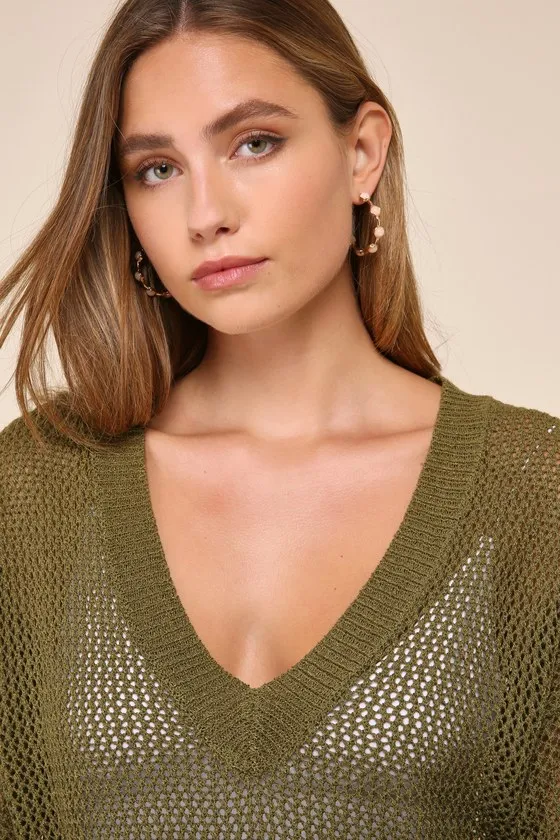 Idyllic Breeze Olive Green Loose Knit V-Neck Sweater Top sold by Lulus product image thumbnail 4