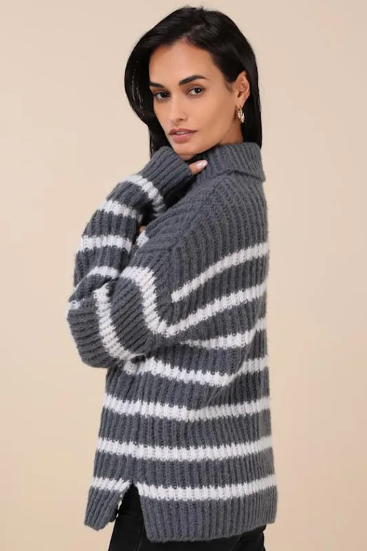 Cooler Forecast Grey and White Striped Turtleneck Sweater sold by Lulus