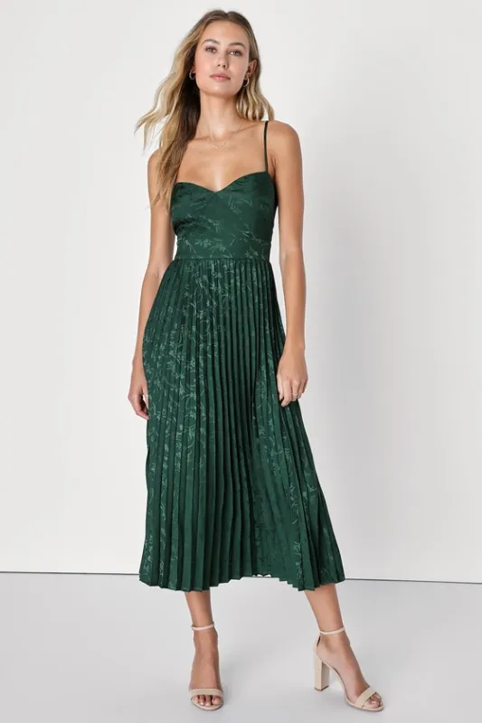 Regal Romance Emerald Floral Jacquard Pleated Satin Midi Dress sold by Lulus