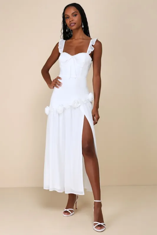 Romantic Attitude White Chiffon Rosette Drop Waist Maxi Dress sold by Lulus