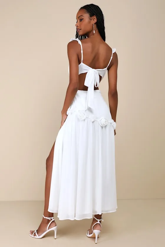 Romantic Attitude White Chiffon Rosette Drop Waist Maxi Dress sold by Lulus product image thumbnail 3