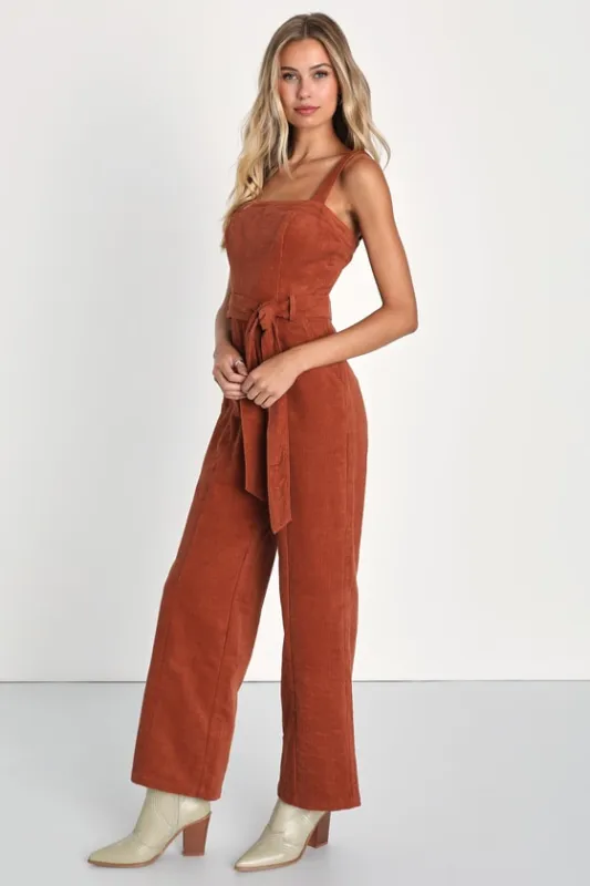 Cutie Season Rust Orange Corduroy Wide-Leg Jumpsuit sold by Lulus
