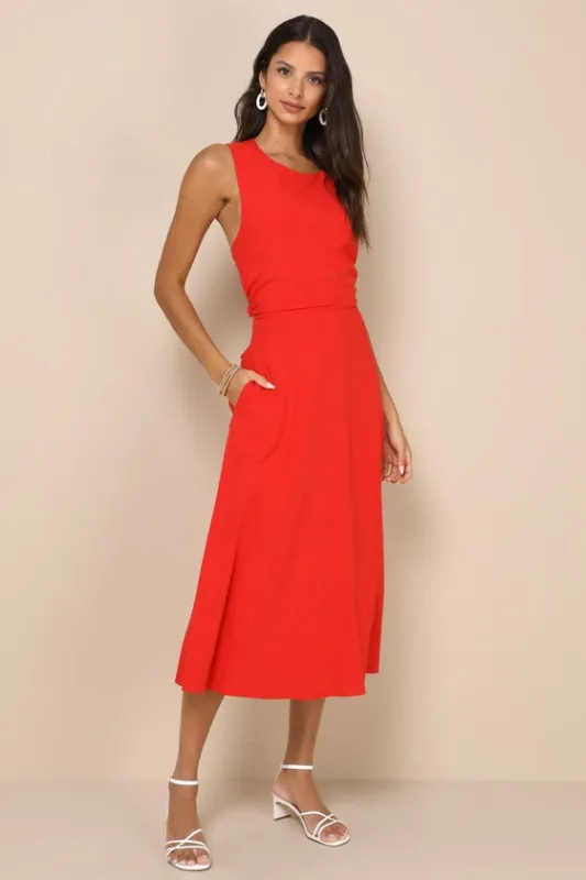 Sunny Energy Red Lace-Up Midi Dress with Pockets sold by Lulus