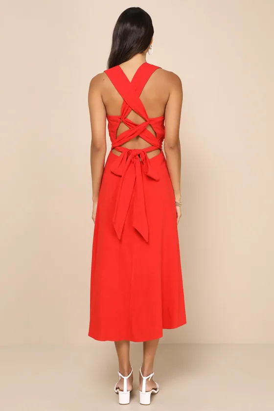 Sunny Energy Red Lace-Up Midi Dress with Pockets sold by Lulus product image thumbnail 2