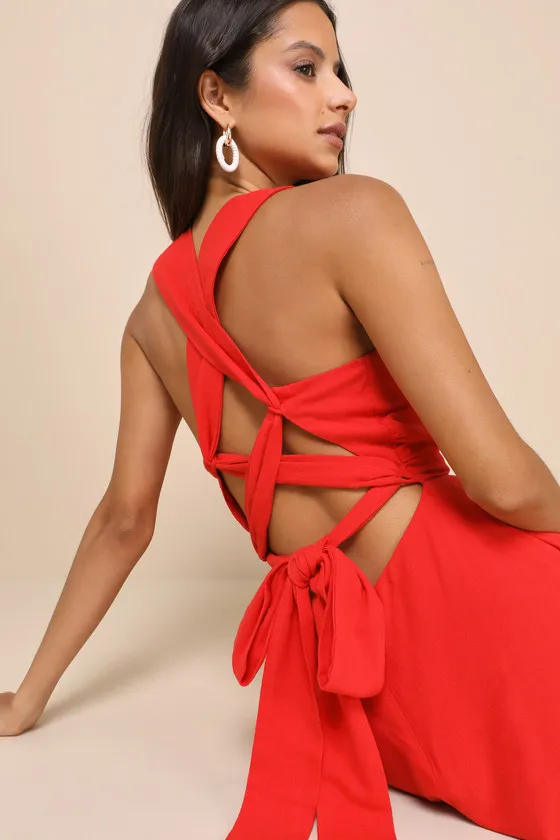 Sunny Energy Red Lace-Up Midi Dress with Pockets sold by Lulus product image thumbnail 4