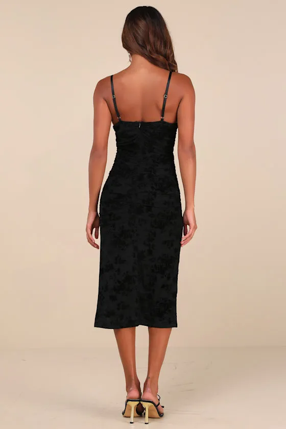 Decadent Flirt Black Mesh Velvet Ruched Bodycon Midi Dress sold by Lulus product image thumbnail 3
