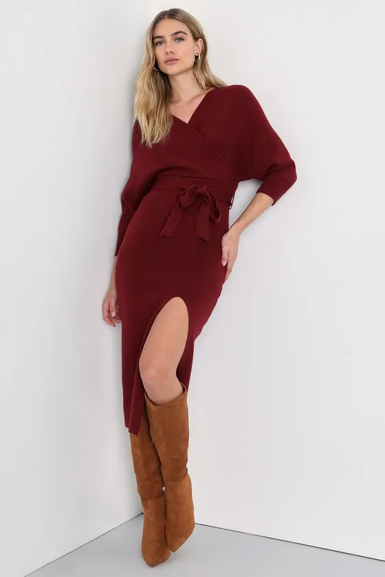 Fall into Fashion Burgundy Dolman Sleeve Sweater Midi Dress sold by Lulus