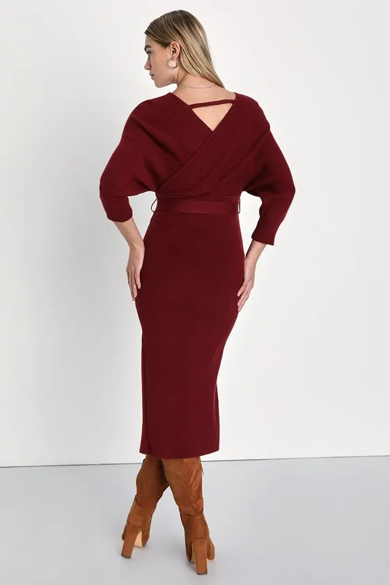 Fall into Fashion Burgundy Dolman Sleeve Sweater Midi Dress sold by Lulus product image thumbnail 3