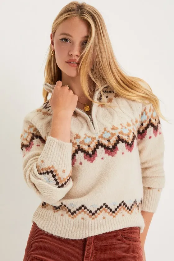Warm Bliss Beige Multi Knit Half-Zip Sweater sold by Lulus