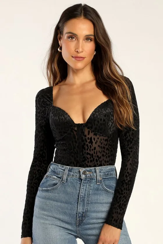 Wild Forever Black Animal Print Sheer Bustier Bodysuit sold by Lulus