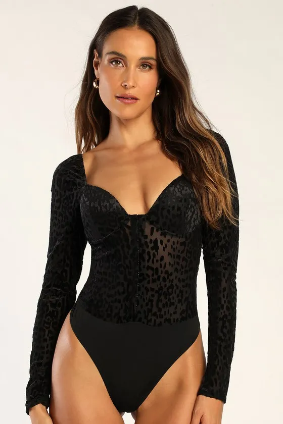 Wild Forever Black Animal Print Sheer Bustier Bodysuit sold by Lulus product image thumbnail 4