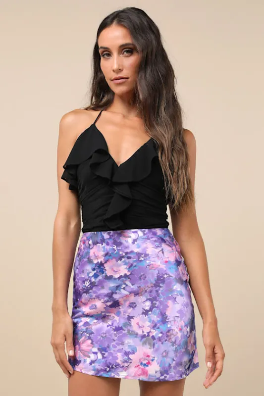 Blooming Success Purple Multi Floral Satin Mini Skirt sold by Lulus
