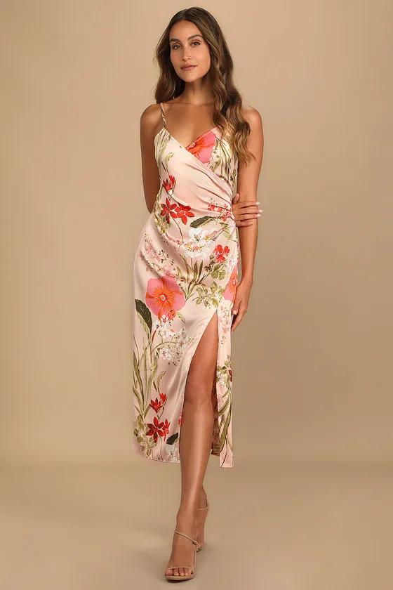 Remarkable Entrance Pink Floral Print Satin Midi Dress sold by Lulus