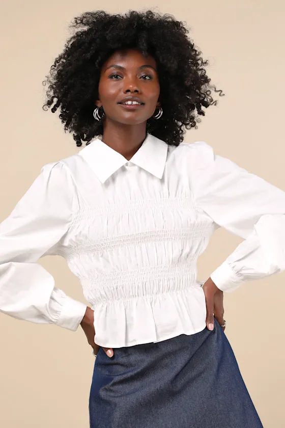 Poised Esteem White Cotton Smocked Collared Long Sleeve Top sold by Lulus