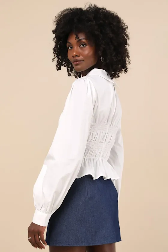 Poised Esteem White Cotton Smocked Collared Long Sleeve Top sold by Lulus product image thumbnail 2