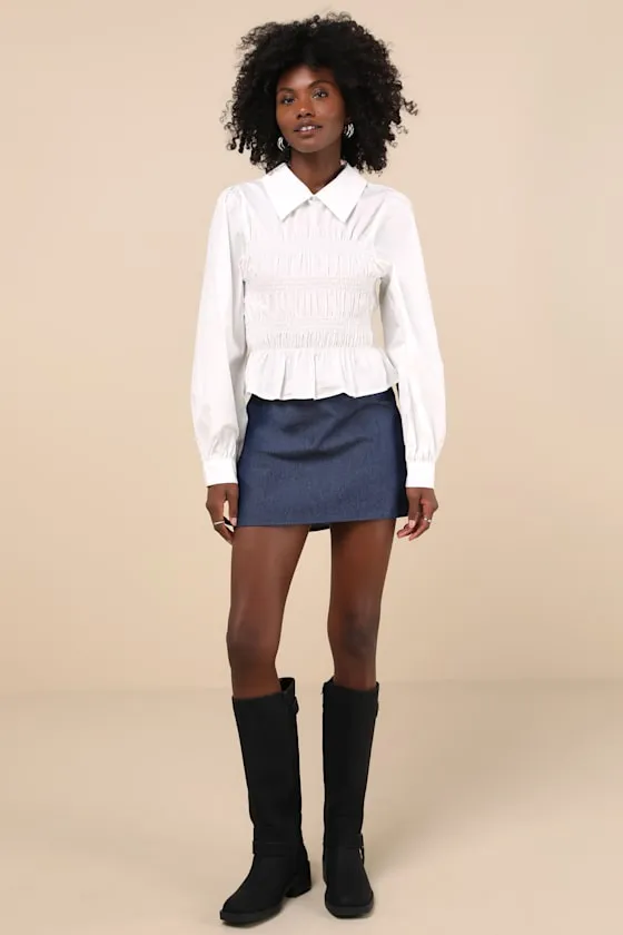 Poised Esteem White Cotton Smocked Collared Long Sleeve Top sold by Lulus product image thumbnail 3