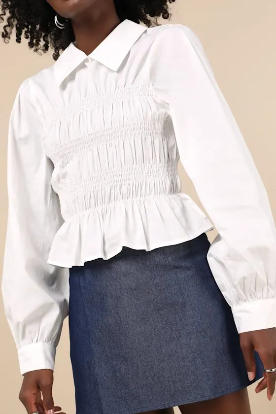 Poised Esteem White Cotton Smocked Collared Long Sleeve Top sold by Lulus product image thumbnail 4