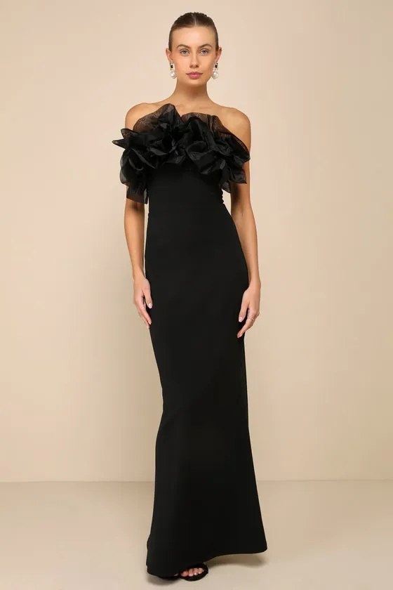 Evening Excellence Black Ruffled Strapless Mermaid Maxi Dress sold by Lulus