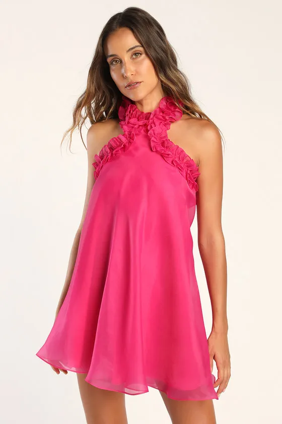 Perfect Stunner Hot Pink Organza Ruffled Halter Mini Dress sold by Lulus