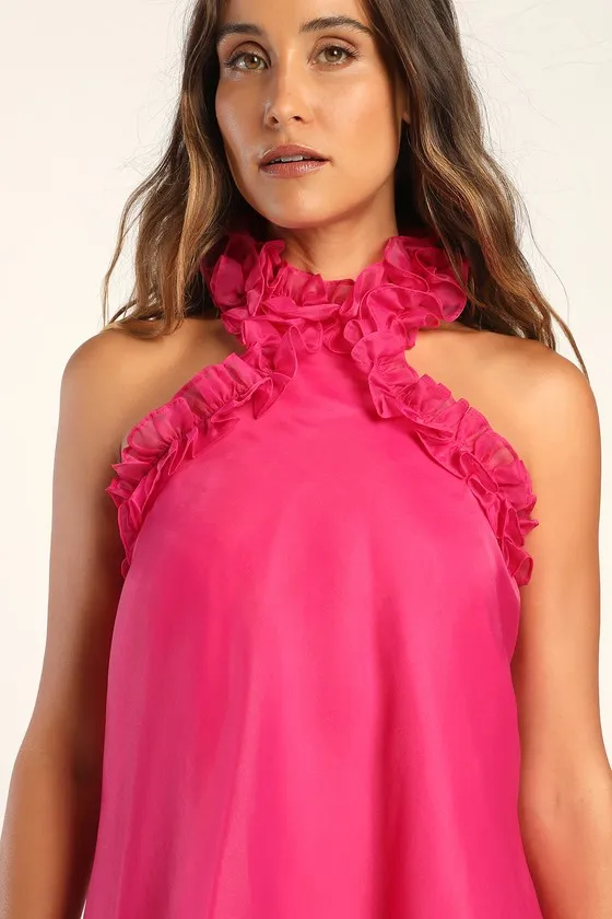 Perfect Stunner Hot Pink Organza Ruffled Halter Mini Dress sold by Lulus product image thumbnail 4