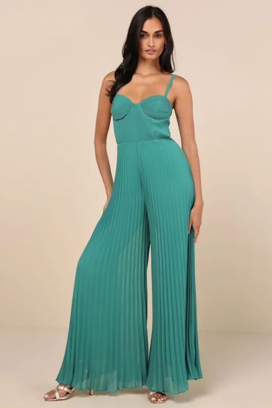 Exemplary Poise Green Pleated Wide-Leg Jumpsuit sold by Lulus