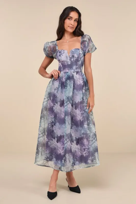 Lovely Statement Purple Floral Organza Tie-Back Midi Dress sold by Lulus