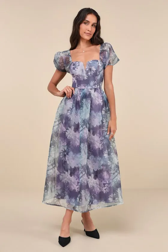 Lovely Statement Purple Floral Organza Tie-Back Midi Dress sold by Lulus