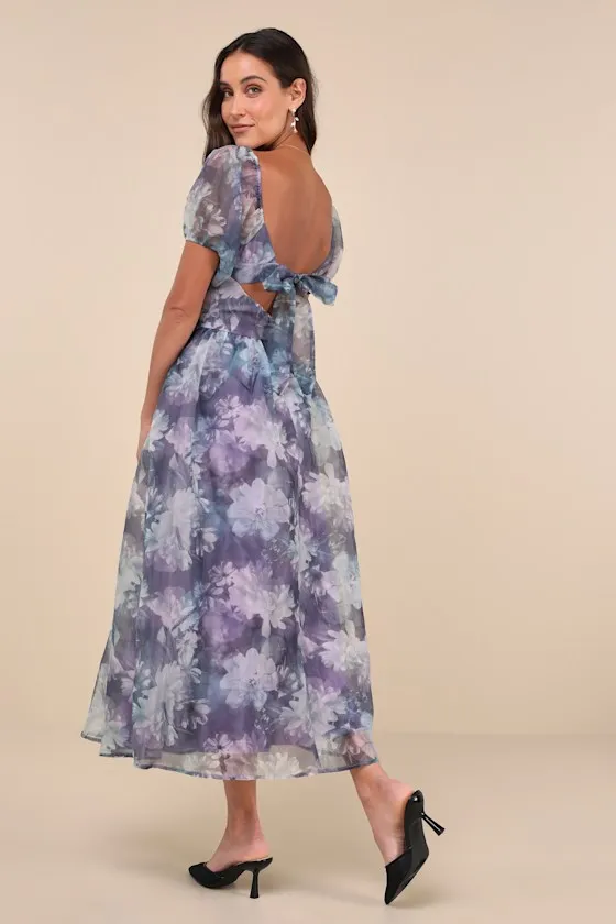 Lovely Statement Purple Floral Organza Tie-Back Midi Dress sold by Lulus product image thumbnail 3