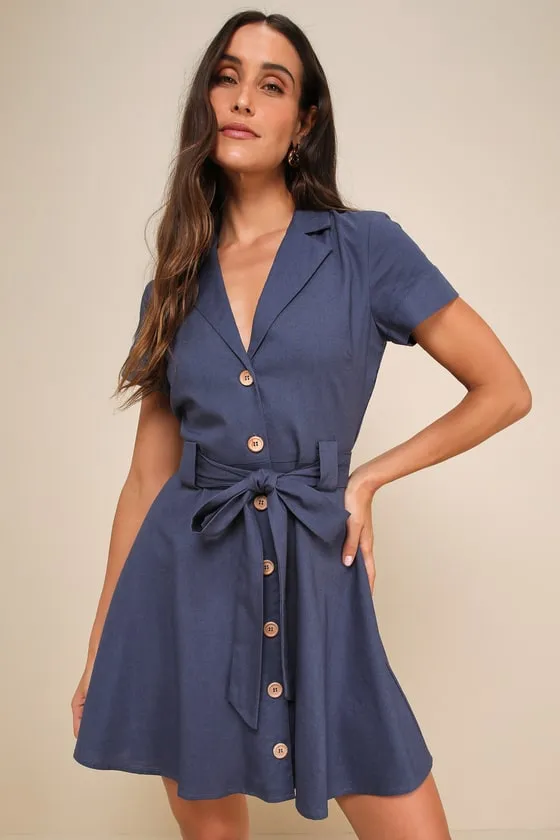 Delightful Dear Blue Linen Short Sleeve Button-Front Mini Dress sold by Lulus