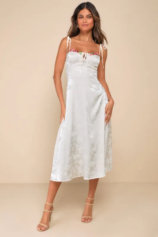 Ethereal Muse Cream Satin Jacquard Embroidered Midi Dress sold by Lulus