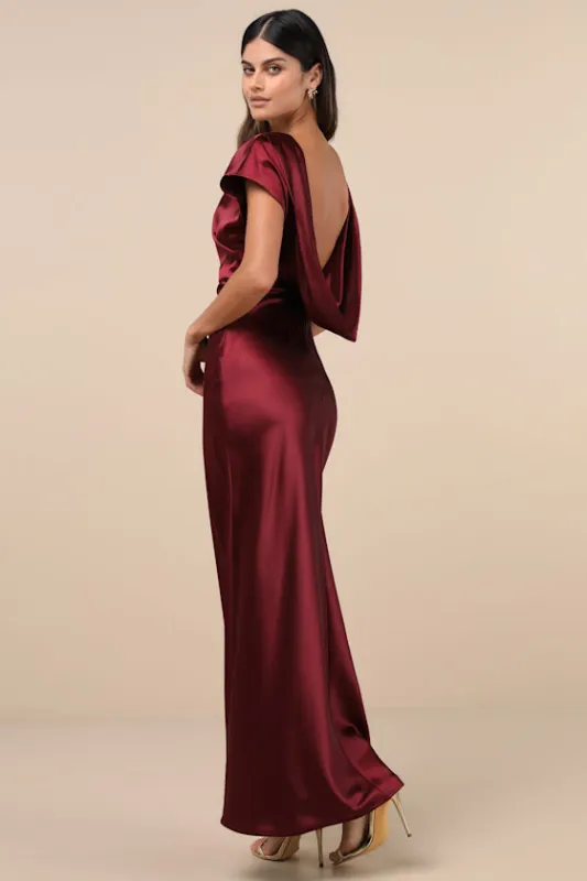 Captivating Presence Wine Red Satin Cowl Back Maxi Dress sold by Lulus