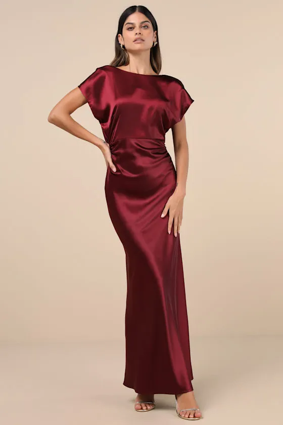 Captivating Presence Wine Red Satin Cowl Back Maxi Dress sold by Lulus product image thumbnail 2