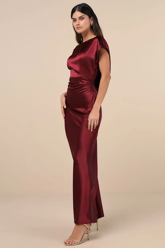 Captivating Presence Wine Red Satin Cowl Back Maxi Dress sold by Lulus product image thumbnail 3
