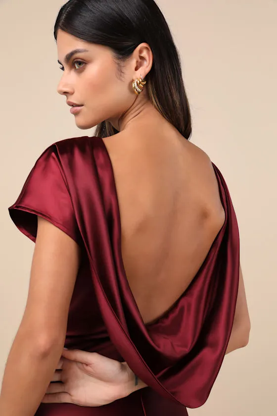 Captivating Presence Wine Red Satin Cowl Back Maxi Dress sold by Lulus product image thumbnail 4