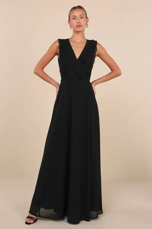 Major Elegance Black Sleeveless Ruffled Wrap Maxi Dress sold by Lulus