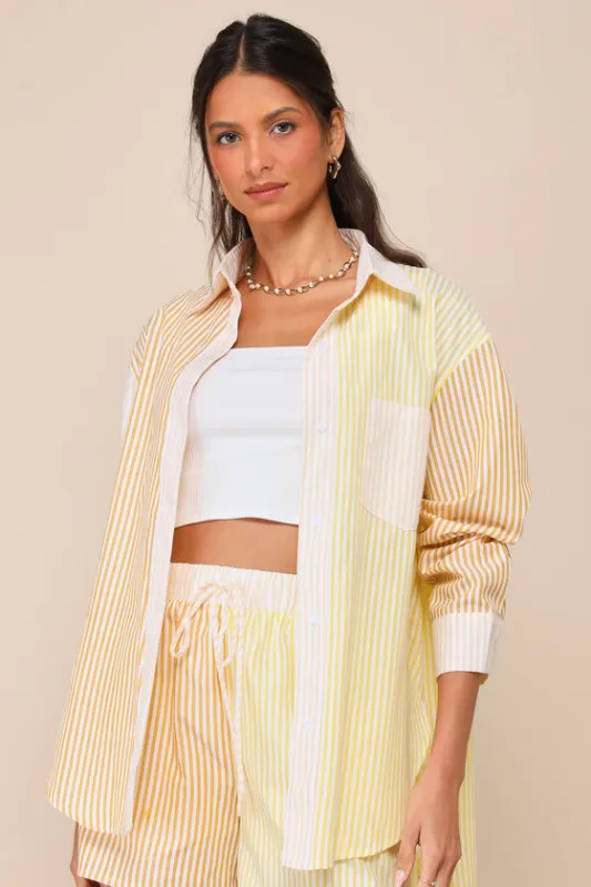 Remarkably Adorable Yellow Multi Striped Patchwork Button-Up Top sold by Lulus