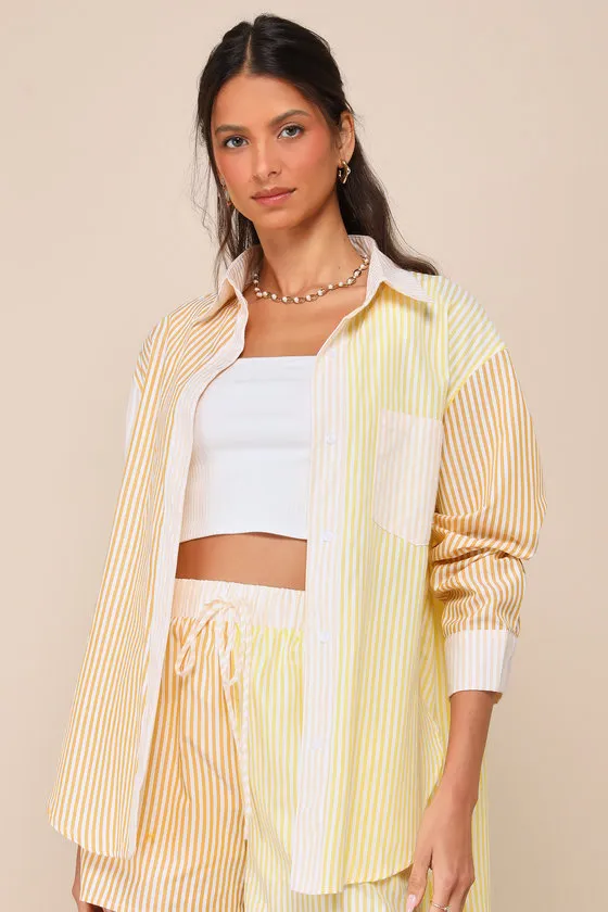 Remarkably Adorable Yellow Multi Striped Patchwork Button-Up Top sold by Lulus