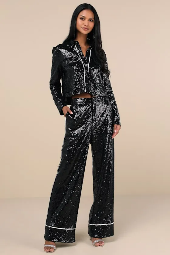 Sparkly Mood Black Sequin High Rise Wide-Leg Pants sold by Lulus