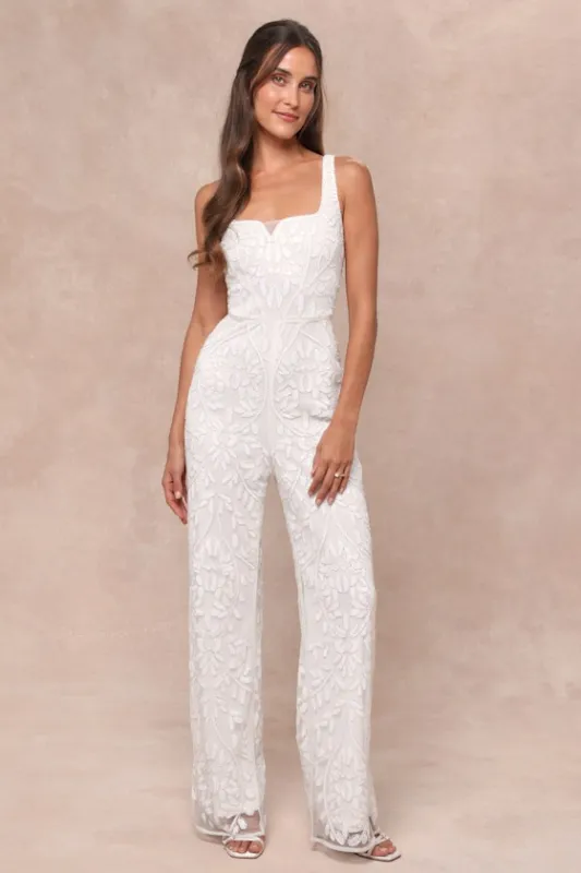 Glittering Influence White Mesh Beaded Lace-Up Jumpsuit sold by Lulus