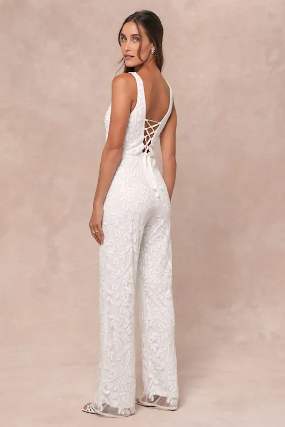 Glittering Influence White Mesh Beaded Lace-Up Jumpsuit sold by Lulus product image thumbnail 2