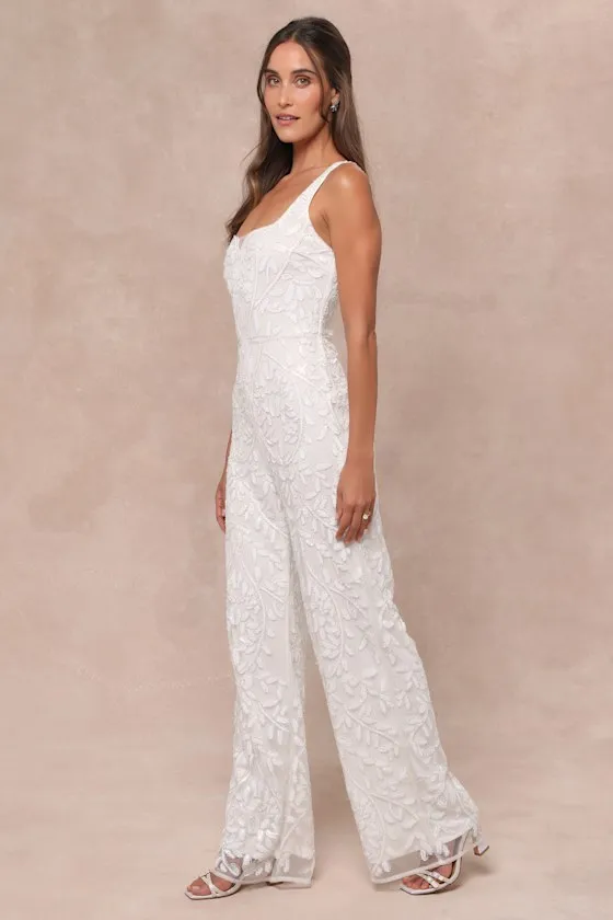 Glittering Influence White Mesh Beaded Lace-Up Jumpsuit sold by Lulus product image thumbnail 3