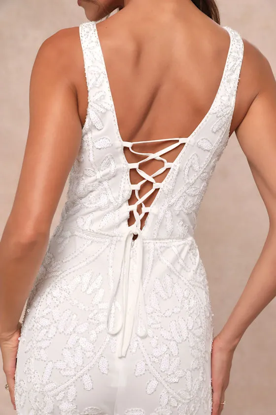 Glittering Influence White Mesh Beaded Lace-Up Jumpsuit sold by Lulus product image thumbnail 4