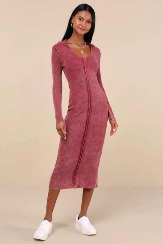 Effortlessly Pristine Washed Berry Ribbed Long Sleeve Midi Dress sold by Lulus