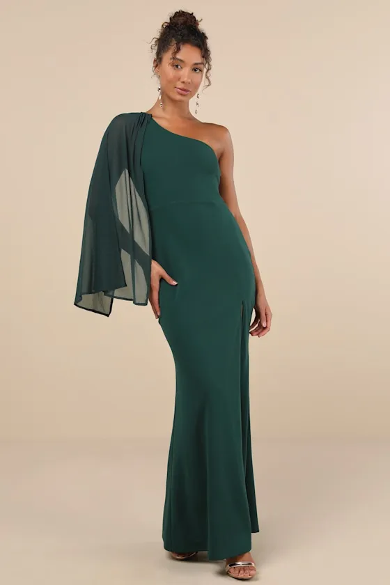 Majestic Attitude Emerald Cape Sleeve One-Shoulder Maxi Dress sold by Lulus
