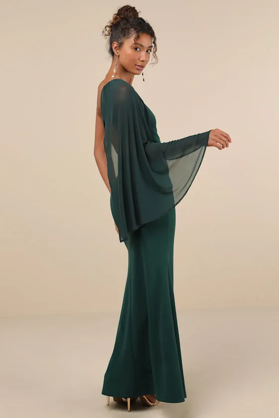 Majestic Attitude Emerald Cape Sleeve One-Shoulder Maxi Dress sold by Lulus product image thumbnail 2