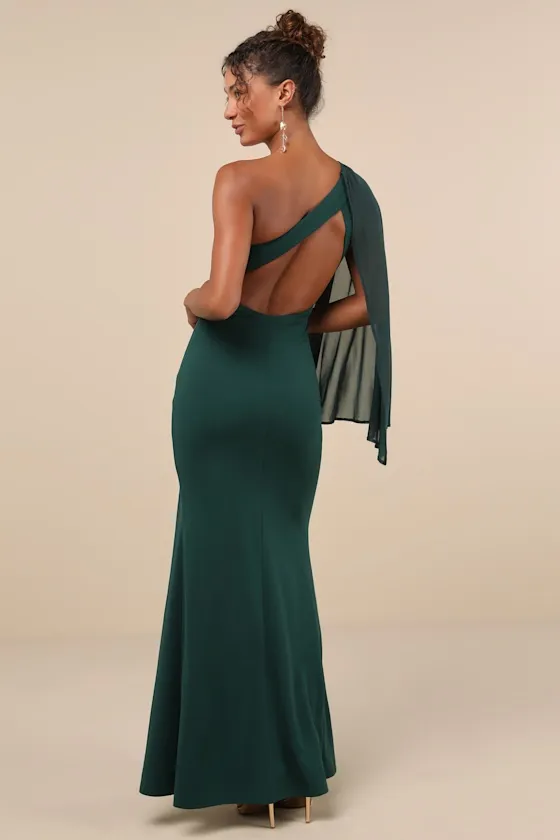 Majestic Attitude Emerald Cape Sleeve One-Shoulder Maxi Dress sold by Lulus product image thumbnail 3