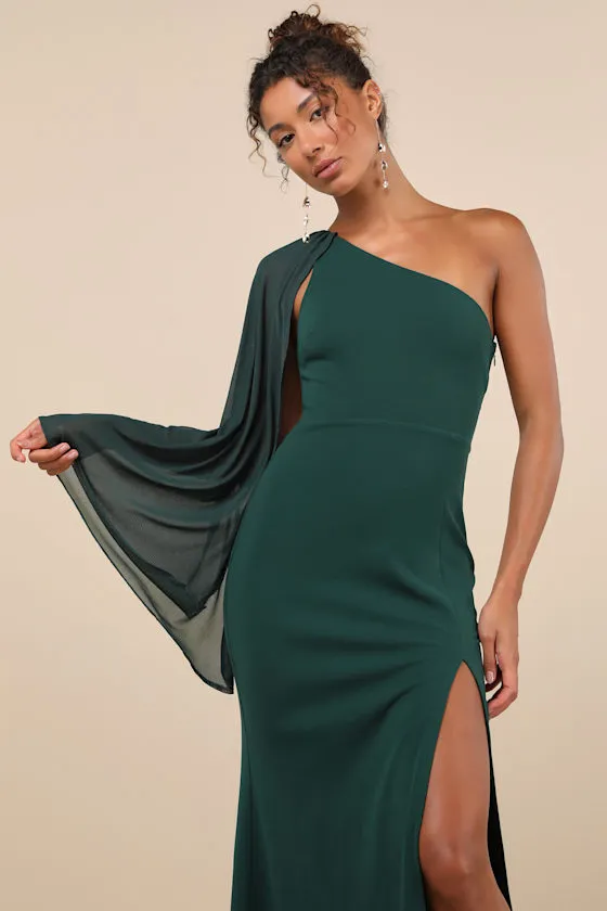 Majestic Attitude Emerald Cape Sleeve One-Shoulder Maxi Dress sold by Lulus product image thumbnail 4