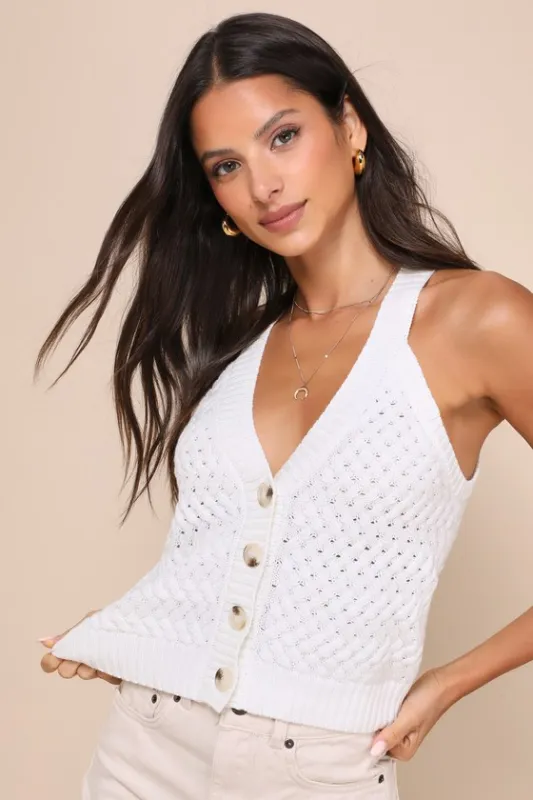 Cheerful Sweetie Ivory Cable Knit Button-Front Tank Top sold by Lulus