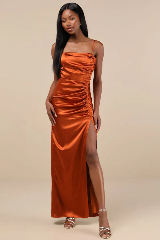 Luxurious Marvel Rust Orange Satin Ruched Column Maxi Dress sold by Lulus